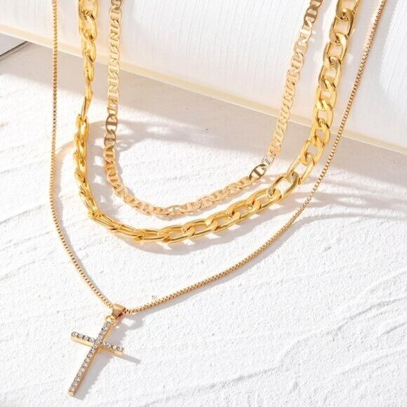 Layered Cross Pendant Necklace Set – 3 Chains Statement Style - Picture 2 of 4